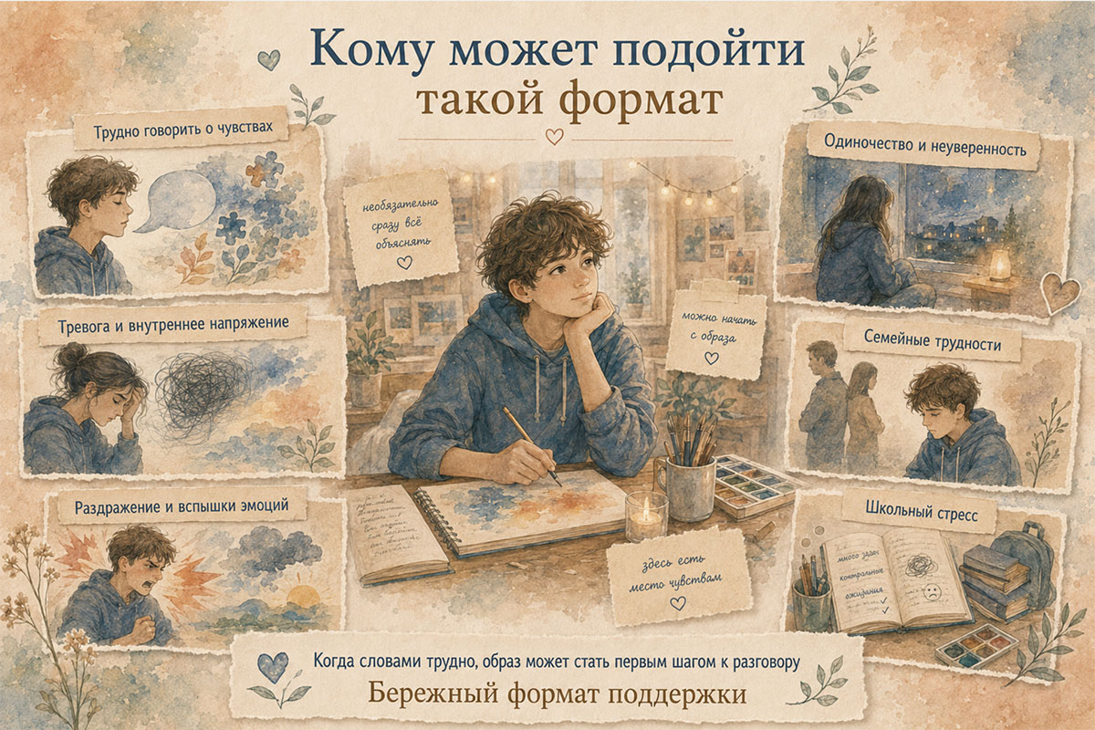 Кому подходит арт-терапия для подростков: поддержка при тревоге, одиночестве, трудности говорить о чувствах, школьном стрессе и семейных сложностях