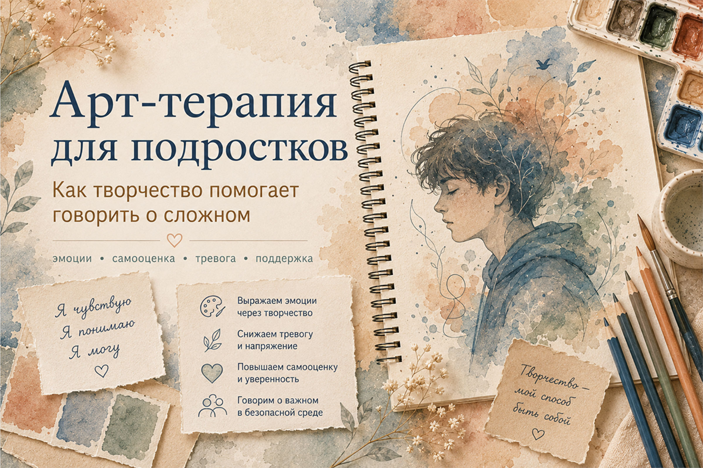 Арт-терапия для подростков: работа с эмоциями, тревогой, самооценкой и внутренним напряжением через творчество