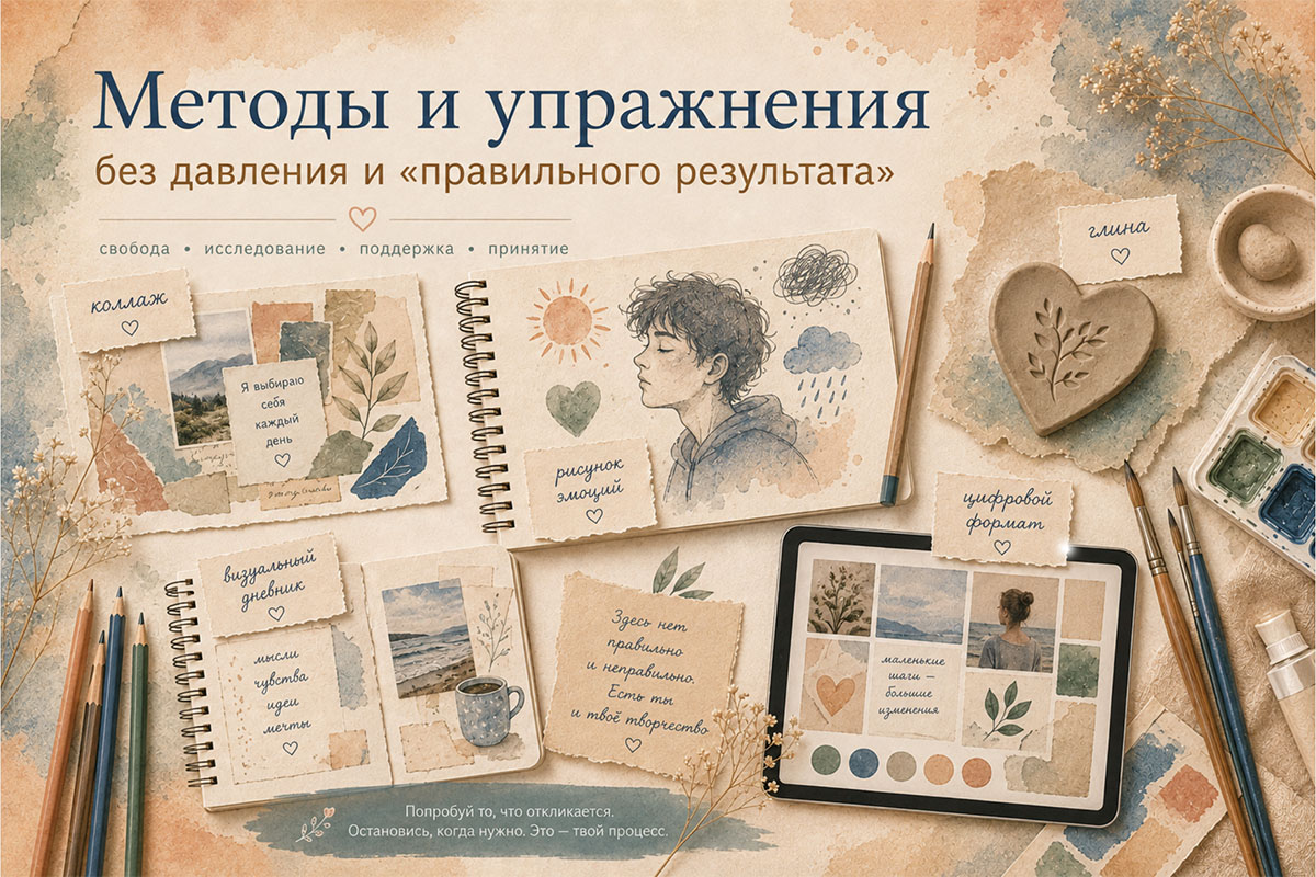 Методы и упражнения арт-терапии для подростков: коллаж, рисунок эмоций, лепка, визуальный дневник и цифровой формат без давления