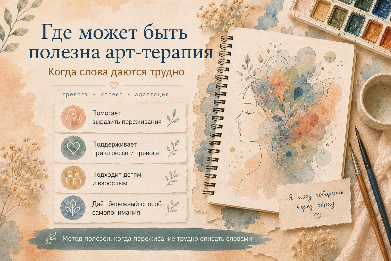 Где может быть полезна арт-терапия: поддержка при тревоге, стрессе, адаптации и трудности выразить переживания словами