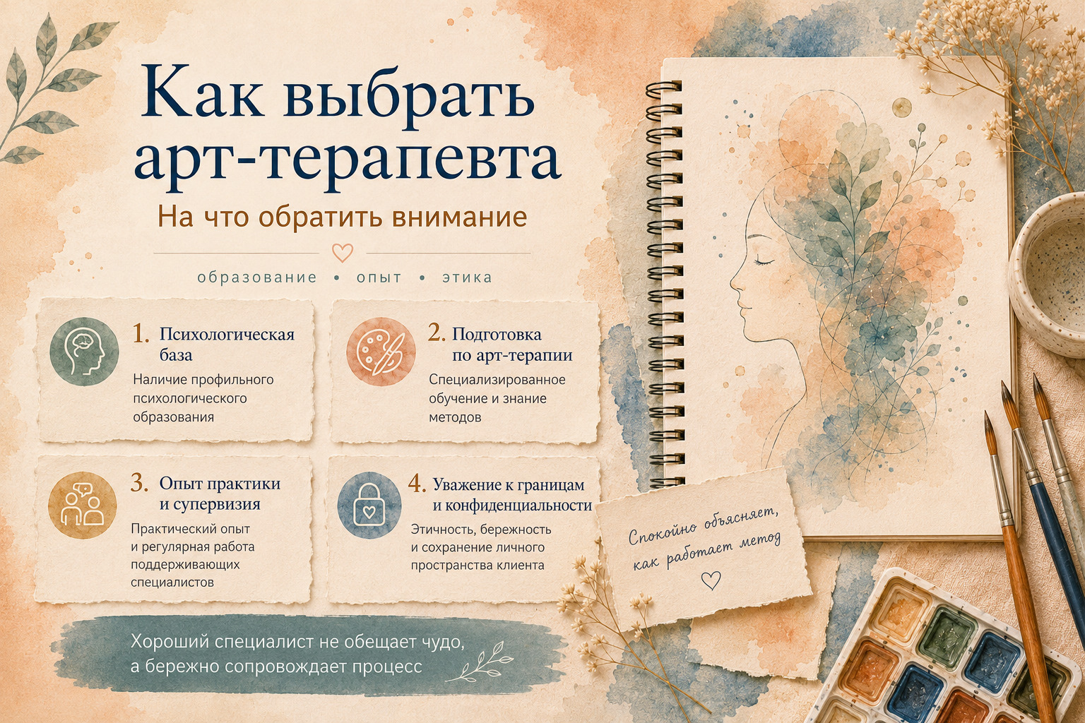 Как выбрать арт-терапевта: психологическая база, подготовка по арт-терапии, опыт, этика и супервизия