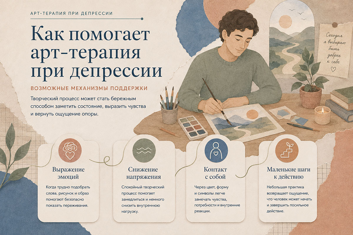 Как арт-терапия может поддерживать при депрессии — посильное действие, образ и эмоциональное самонаблюдение