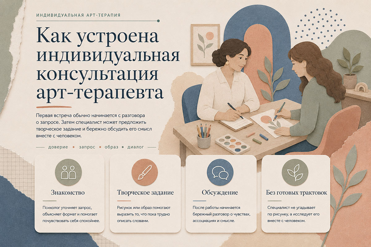 Индивидуальная сессия арт-терапии — психолог и клиент работают с изображением