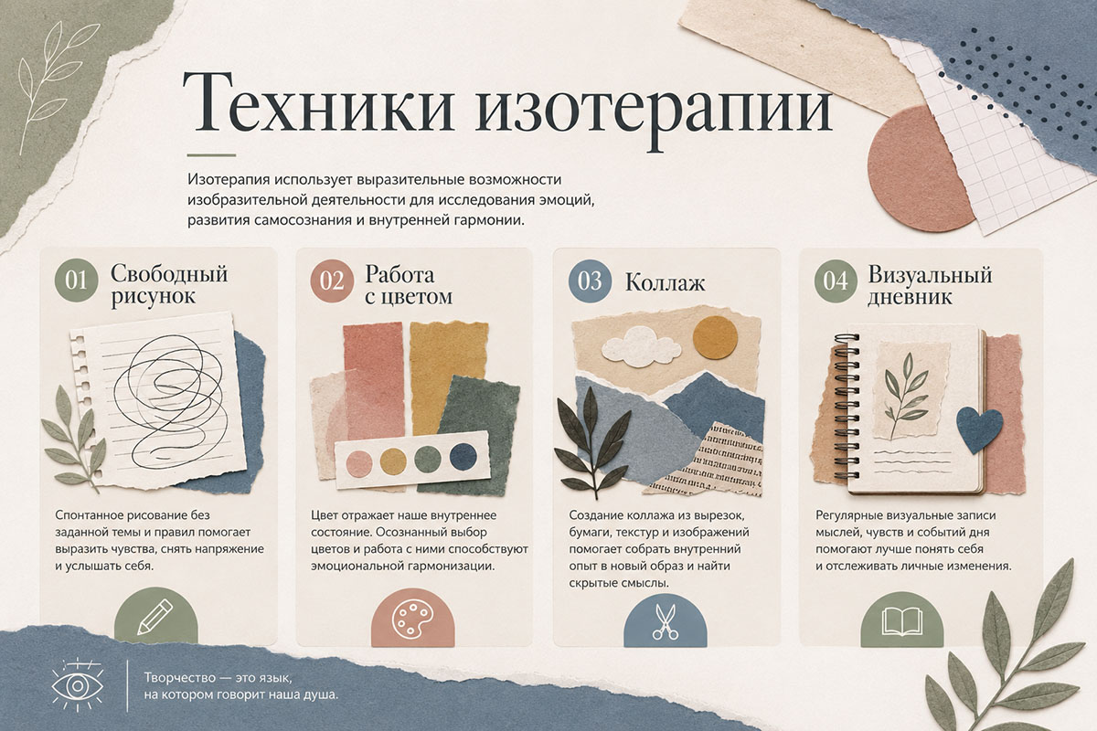 Техники изотерапии: свободный рисунок, работа с цветом, коллаж и визуальный дневник