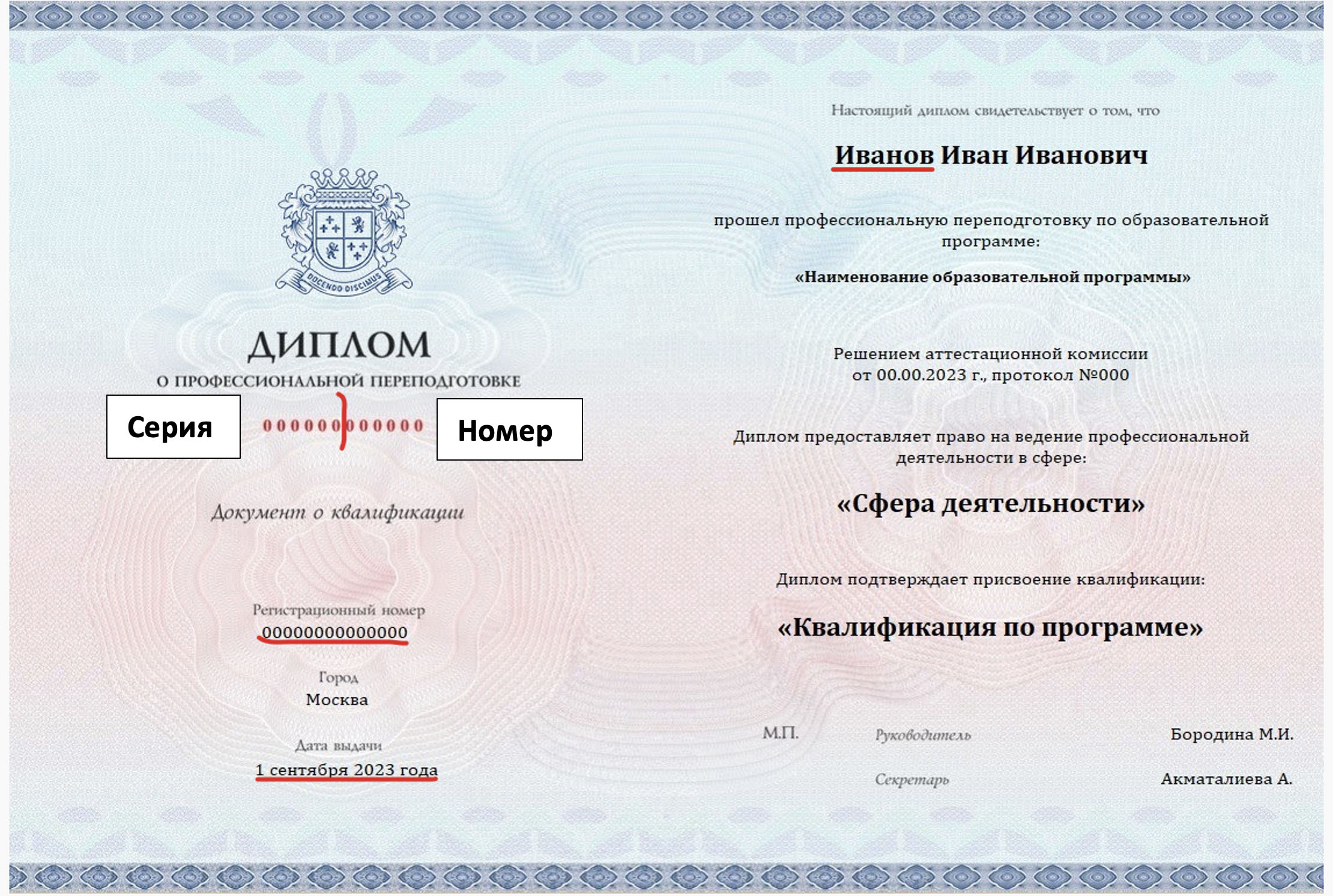 Образец диплома о профессиональной переподготовке с обозначением серии, номера, регистрационного номера и даты выдачи