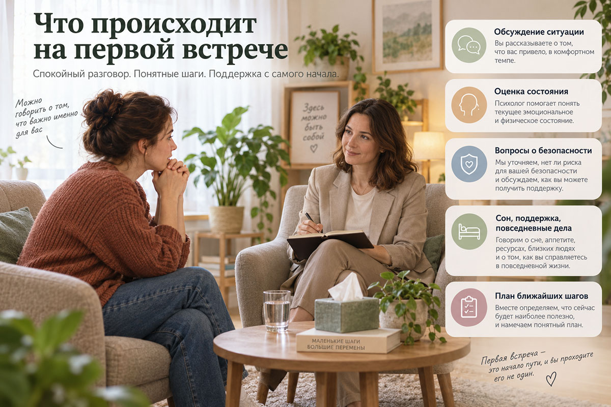 Первая консультация кризисного психолога и обсуждение ближайших шагов помощи