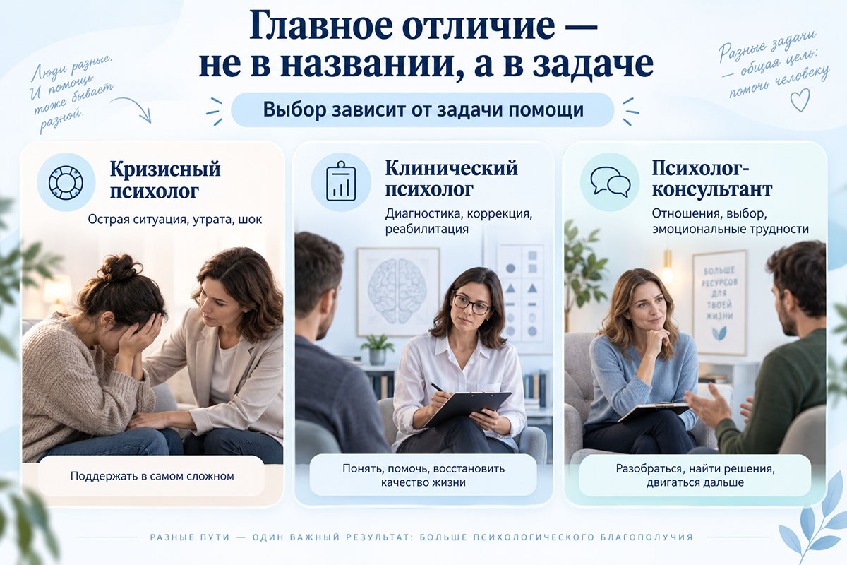 Кризисный, клинический психолог и психолог-консультант — три маршрута психологической помощи
