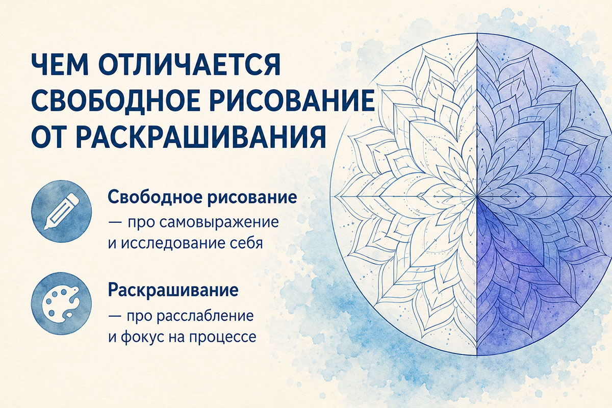 Свободное рисование мандалы и раскрашивание готового шаблона — основные различия