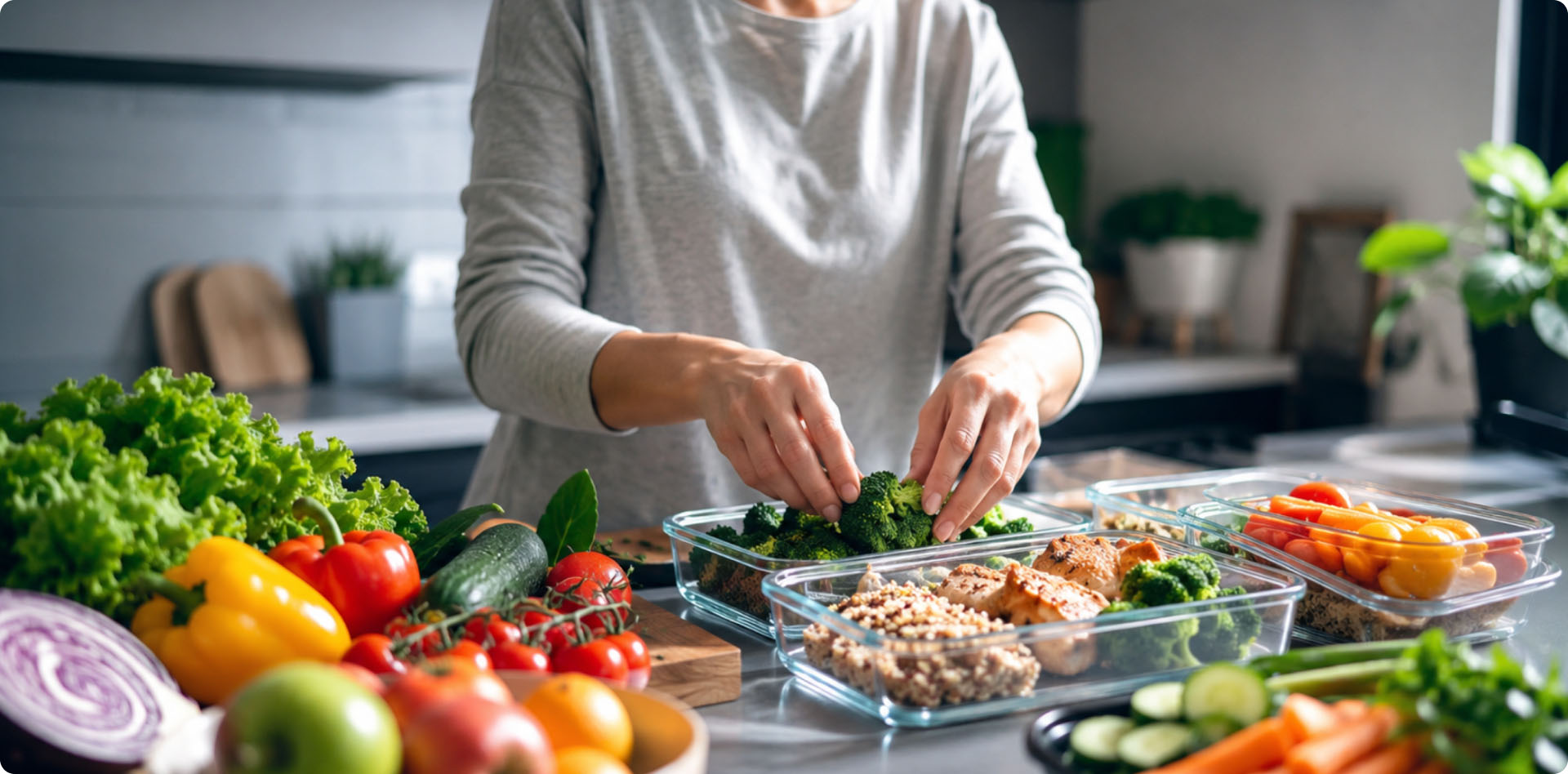 Сбалансированный рацион из овощей, фруктов и полезных продуктов