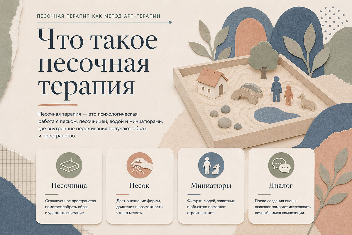 Песочница и миниатюрные фигурки, используемые в песочной терапии