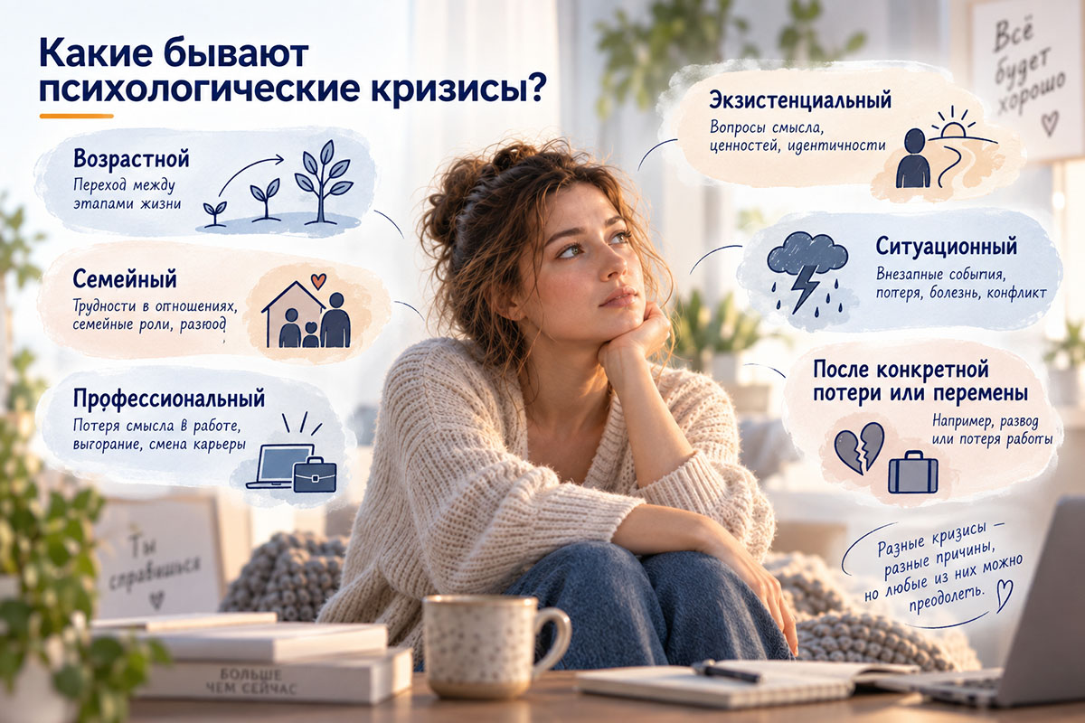 Основные виды психологических кризисов: возрастной, семейный, профессиональный, экзистенциальный и ситуационный