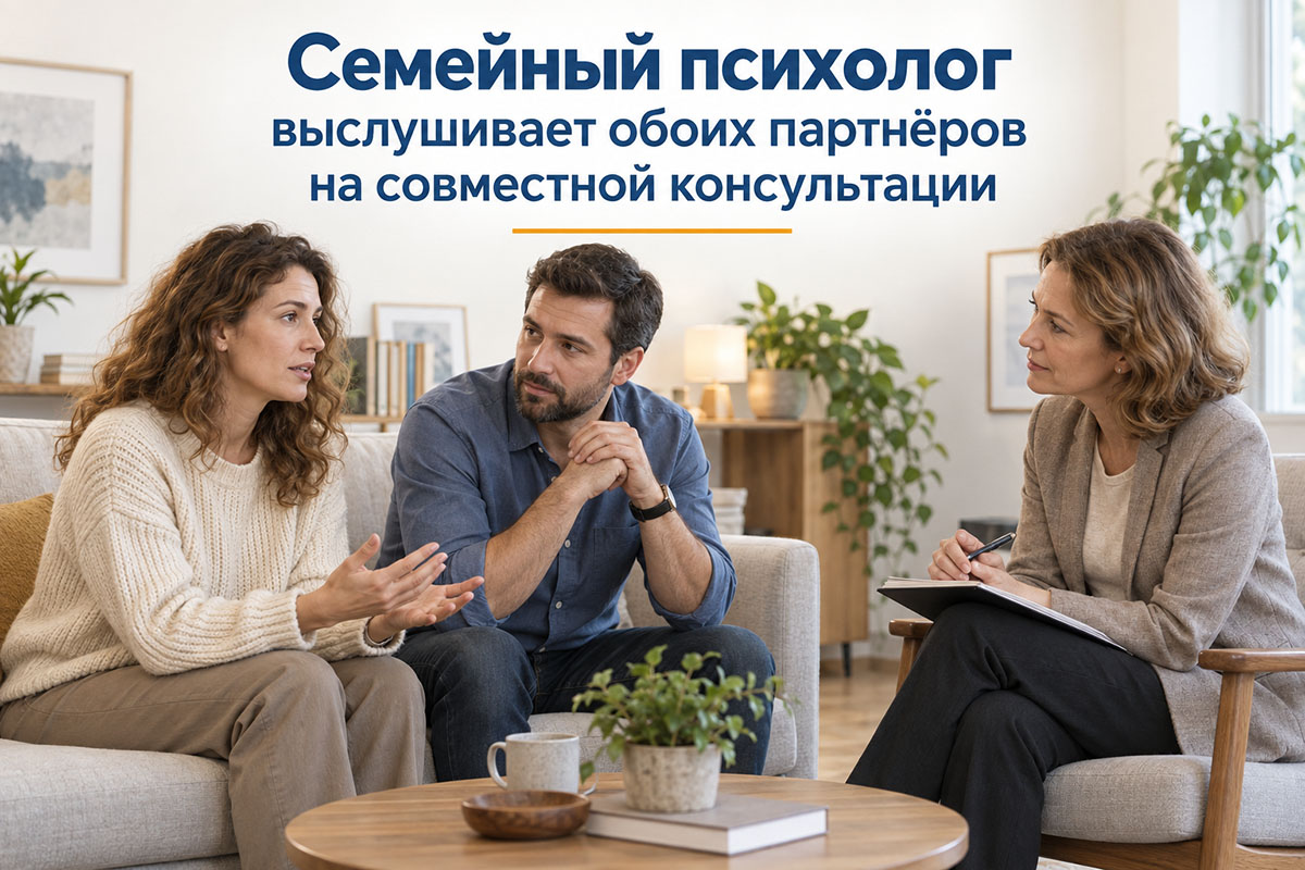 Семейный психолог выслушивает обоих партнёров на совместной консультации