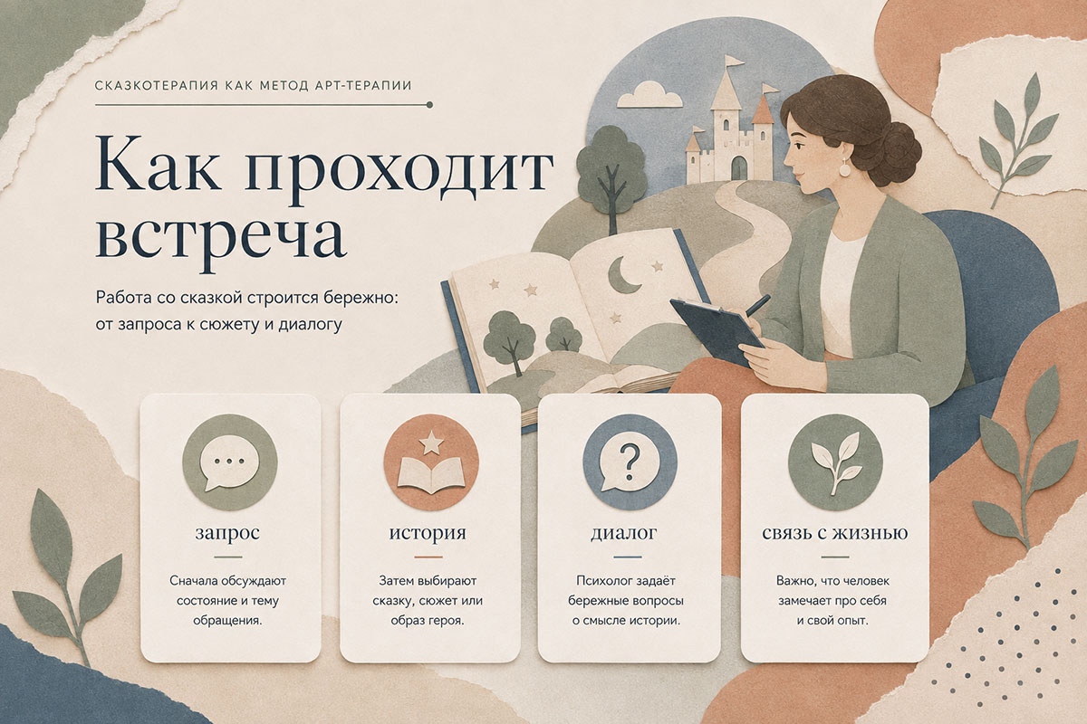Сессия сказкотерапии — психолог и клиент обсуждают героя и сюжет истории