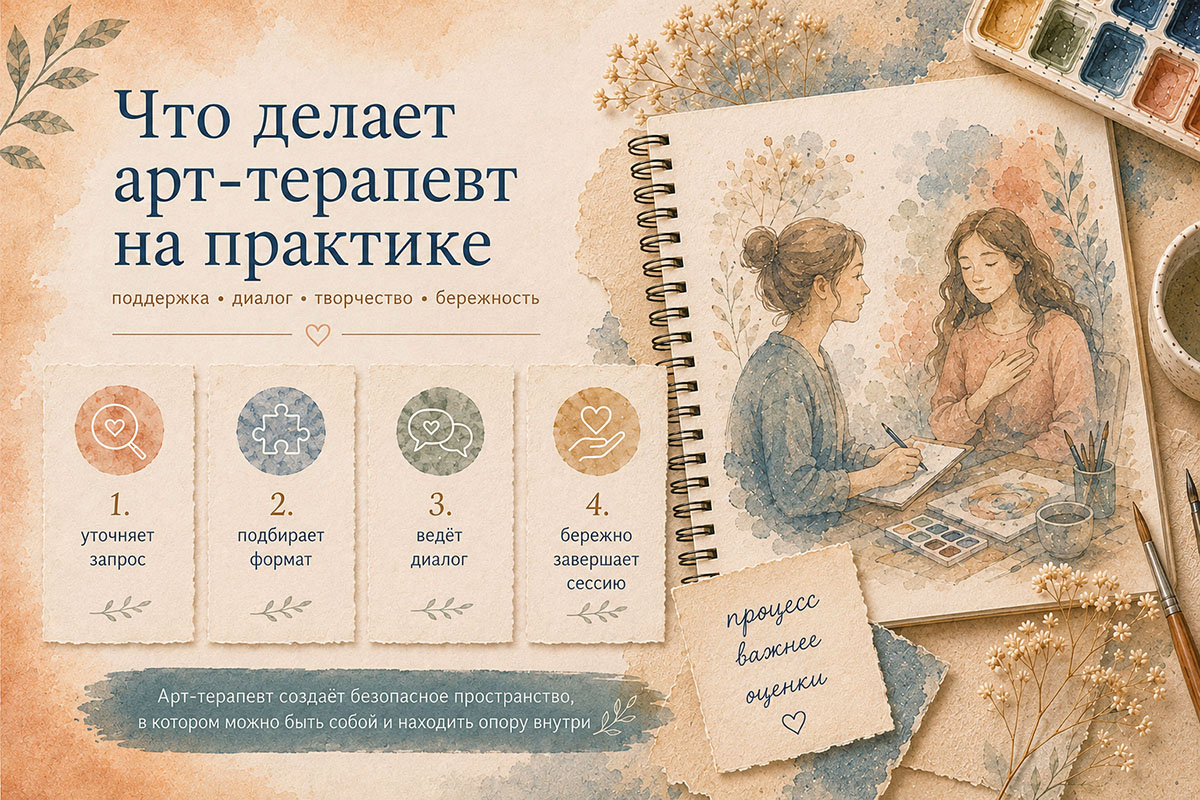 Что делает арт-терапевт на практике — уточняет запрос, подбирает формат и ведёт диалог